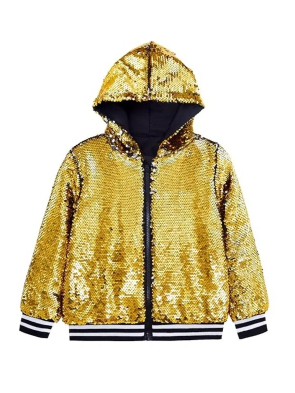 CHENBAO Girl Sequin Long Sleeves Zip Up Flip-Sequin Sparkle Metallic Jacket XXXL